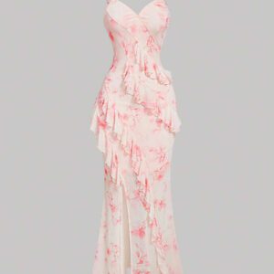 SHEIN MOD Robe d'été rose à encolure en V, avec découpe, volants à l'ourlet, fente haute et imprimé tie-dye