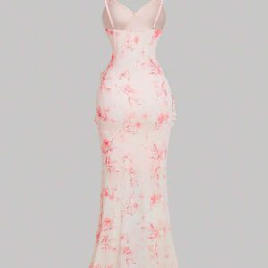 SHEIN MOD Robe d'été rose à encolure en V, avec découpe, volants à l'ourlet, fente haute et imprimé tie-dye