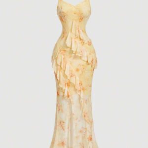 SHEIN MOD Robe d'été rose à encolure en V, avec découpe, volants à l'ourlet, fente haute et imprimé tie-dye
