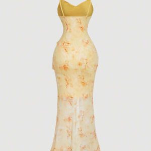 SHEIN MOD Robe d'été rose à encolure en V, avec découpe, volants à l'ourlet, fente haute et imprimé tie-dye