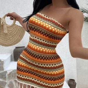 Sunnyshic Robe à motif patchwork à taille ajustée, à franges et à encolure dégagée, design sexy à l'européenne et à l'américaine pour vacances