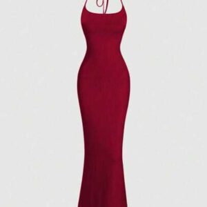 Sweetra Femmes Robe de soirée longue minimaliste en velours noir à encolure ras-du-cou avec lien au cou, robe maxi bordeaux pour femmes