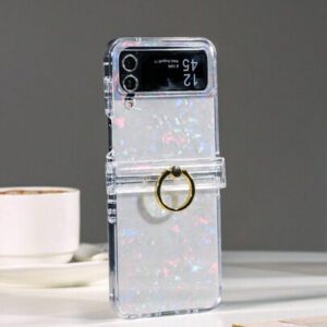 Sequins 1pc Shiny Colorful Shell Pattern Cardboard Bracket Ring Hinge Full Coverage Folding Phone Case Compatible With Galaxy Z Flip3 5G, Galaxy Z Flip4 5G, Galaxy Z Flip5 5G, Galaxy Z Flip6 5G Waterproof Shockproof Anti-Fall Scratch Resistant