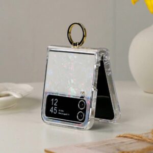 Sequins 1pc Shiny Colorful Shell Pattern Cardboard Bracket Ring Hinge Full Coverage Folding Phone Case Compatible With Galaxy Z Flip3 5G, Galaxy Z Flip4 5G, Galaxy Z Flip5 5G, Galaxy Z Flip6 5G Waterproof Shockproof Anti-Fall Scratch Resistant