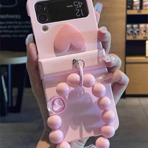 Y2K Stylish Heart Solid Color Folding Phone Case With 3D Cartoon Rabbit Flower Bead Chain Compatible With Samsung Galaxy Z Flip 7 6 5 4 3 Korean Cute Matte PC Hard Back Cover Waterproof Shockproof Anti-Fall Scratch Resistant