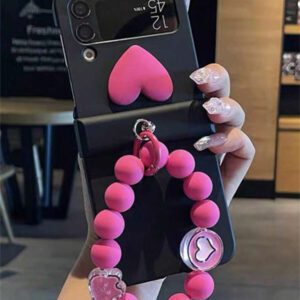 Y2K Stylish Heart Solid Color Folding Phone Case With 3D Cartoon Rabbit Flower Bead Chain Compatible With Samsung Galaxy Z Flip 7 6 5 4 3 Korean Cute Matte PC Hard Back Cover Waterproof Shockproof Anti-Fall Scratch Resistant
