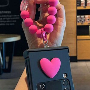 Y2K Stylish Heart Solid Color Folding Phone Case With 3D Cartoon Rabbit Flower Bead Chain Compatible With Samsung Galaxy Z Flip 7 6 5 4 3 Korean Cute Matte PC Hard Back Cover Waterproof Shockproof Anti-Fall Scratch Resistant