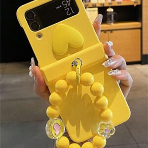 Y2K Stylish Heart Solid Color Folding Phone Case With 3D Cartoon Rabbit Flower Bead Chain Compatible With Samsung Galaxy Z Flip 7 6 5 4 3 Korean Cute Matte PC Hard Back Cover Waterproof Shockproof Anti-Fall Scratch Resistant
