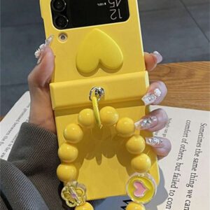 Y2K Stylish Heart Solid Color Folding Phone Case With 3D Cartoon Rabbit Flower Bead Chain Compatible With Samsung Galaxy Z Flip 7 6 5 4 3 Korean Cute Matte PC Hard Back Cover Waterproof Shockproof Anti-Fall Scratch Resistant