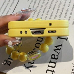 Y2K Stylish Heart Solid Color Folding Phone Case With 3D Cartoon Rabbit Flower Bead Chain Compatible With Samsung Galaxy Z Flip 7 6 5 4 3 Korean Cute Matte PC Hard Back Cover Waterproof Shockproof Anti-Fall Scratch Resistant