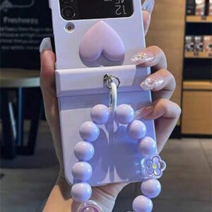 Y2K Stylish Heart Solid Color Folding Phone Case With 3D Cartoon Rabbit Flower Bead Chain Compatible With Samsung Galaxy Z Flip 7 6 5 4 3 Korean Cute Matte PC Hard Back Cover Waterproof Shockproof Anti-Fall Scratch Resistant