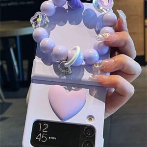 Y2K Stylish Heart Solid Color Folding Phone Case With 3D Cartoon Rabbit Flower Bead Chain Compatible With Samsung Galaxy Z Flip 7 6 5 4 3 Korean Cute Matte PC Hard Back Cover Waterproof Shockproof Anti-Fall Scratch Resistant