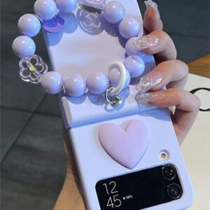 Y2K Stylish Heart Solid Color Folding Phone Case With 3D Cartoon Rabbit Flower Bead Chain Compatible With Samsung Galaxy Z Flip 7 6 5 4 3 Korean Cute Matte PC Hard Back Cover Waterproof Shockproof Anti-Fall Scratch Resistant
