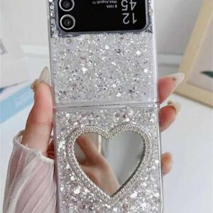 Luxury INS Rhinestone Heart Makeup Mirror Shiny Glitter Sparkling Sequins Epoxy Folding Phone Case Compatible With Samsung Galaxy Z Z Flip 6 Z Flip 5 Z Flip 4 Z Flip 3 Korean Bling Shockproof Protect Back Cover Waterproof Anti-Fall Scratch Resistant