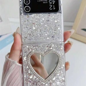 Luxury INS Rhinestone Heart Makeup Mirror Shiny Glitter Sparkling Sequins Epoxy Folding Phone Case Compatible With Samsung Galaxy Z Z Flip 6 Z Flip 5 Z Flip 4 Z Flip 3 Korean Bling Shockproof Protect Back Cover Waterproof Anti-Fall Scratch Resistant