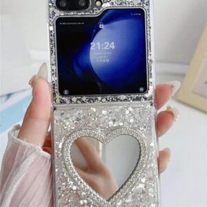 Luxury INS Rhinestone Heart Makeup Mirror Shiny Glitter Sparkling Sequins Epoxy Folding Phone Case Compatible With Samsung Galaxy Z Z Flip 6 Z Flip 5 Z Flip 4 Z Flip 3 Korean Bling Shockproof Protect Back Cover Waterproof Anti-Fall Scratch Resistant