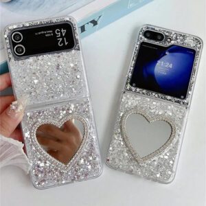 Luxury INS Rhinestone Heart Makeup Mirror Shiny Glitter Sparkling Sequins Epoxy Folding Phone Case Compatible With Samsung Galaxy Z Z Flip 6 Z Flip 5 Z Flip 4 Z Flip 3 Korean Bling Shockproof Protect Back Cover Waterproof Anti-Fall Scratch Resistant