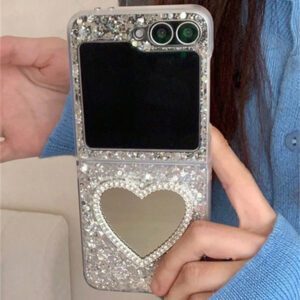 Luxury INS Rhinestone Heart Makeup Mirror Shiny Glitter Sparkling Sequins Epoxy Folding Phone Case Compatible With Samsung Galaxy Z Z Flip 6 Z Flip 5 Z Flip 4 Z Flip 3 Korean Bling Shockproof Protect Back Cover Waterproof Anti-Fall Scratch Resistant