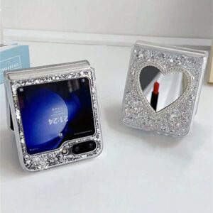 Luxury INS Rhinestone Heart Makeup Mirror Shiny Glitter Sparkling Sequins Epoxy Folding Phone Case Compatible With Samsung Galaxy Z Z Flip 6 Z Flip 5 Z Flip 4 Z Flip 3 Korean Bling Shockproof Protect Back Cover Waterproof Anti-Fall Scratch Resistant