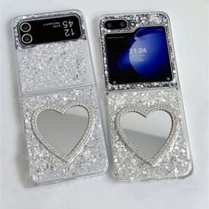 Luxury INS Rhinestone Heart Makeup Mirror Shiny Glitter Sparkling Sequins Epoxy Folding Phone Case Compatible With Samsung Galaxy Z Z Flip 6 Z Flip 5 Z Flip 4 Z Flip 3 Korean Bling Shockproof Protect Back Cover Waterproof Anti-Fall Scratch Resistant