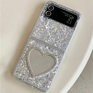 Luxury INS Rhinestone Heart Makeup Mirror Shiny Glitter Sparkling Sequins Epoxy Folding Phone Case Compatible With Samsung Galaxy Z Z Flip 6 Z Flip 5 Z Flip 4 Z Flip 3 Korean Bling Shockproof Protect Back Cover Waterproof Anti-Fall Scratch Resistant