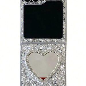 Luxury INS Rhinestone Heart Makeup Mirror Shiny Glitter Sparkling Sequins Epoxy Folding Phone Case Compatible With Samsung Galaxy Z Z Flip 6 Z Flip 5 Z Flip 4 Z Flip 3 Korean Bling Shockproof Protect Back Cover Waterproof Anti-Fall Scratch Resistant