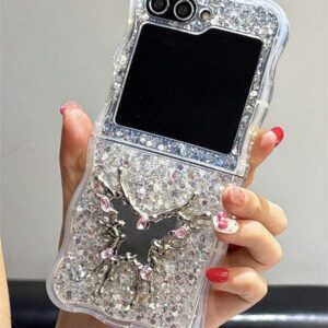 Luxury INS Rhinestone Heart Makeup Mirror Shiny Glitter Sparkling Sequins Epoxy Folding Phone Case Compatible With Samsung Galaxy Z Z Flip 6 Z Flip 5 Z Flip 4 Z Flip 3 Korean Bling Shockproof Protect Back Cover Waterproof Anti-Fall Scratch Resistant