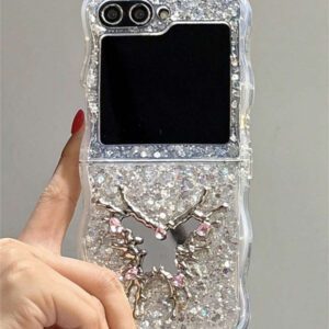 Luxury INS Rhinestone Heart Makeup Mirror Shiny Glitter Sparkling Sequins Epoxy Folding Phone Case Compatible With Samsung Galaxy Z Z Flip 6 Z Flip 5 Z Flip 4 Z Flip 3 Korean Bling Shockproof Protect Back Cover Waterproof Anti-Fall Scratch Resistant