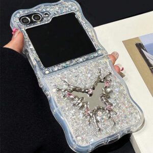 Luxury INS Rhinestone Heart Makeup Mirror Shiny Glitter Sparkling Sequins Epoxy Folding Phone Case Compatible With Samsung Galaxy Z Z Flip 6 Z Flip 5 Z Flip 4 Z Flip 3 Korean Bling Shockproof Protect Back Cover Waterproof Anti-Fall Scratch Resistant