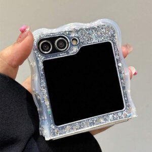 Luxury INS Rhinestone Heart Makeup Mirror Shiny Glitter Sparkling Sequins Epoxy Folding Phone Case Compatible With Samsung Galaxy Z Z Flip 6 Z Flip 5 Z Flip 4 Z Flip 3 Korean Bling Shockproof Protect Back Cover Waterproof Anti-Fall Scratch Resistant