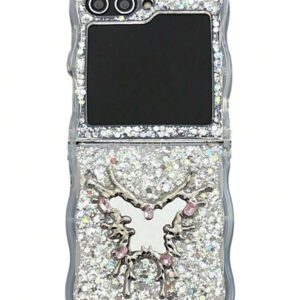 Luxury INS Rhinestone Heart Makeup Mirror Shiny Glitter Sparkling Sequins Epoxy Folding Phone Case Compatible With Samsung Galaxy Z Z Flip 6 Z Flip 5 Z Flip 4 Z Flip 3 Korean Bling Shockproof Protect Back Cover Waterproof Anti-Fall Scratch Resistant