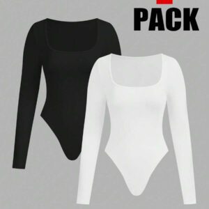 SHEIN EZwear 2pcs Women's Square Neck Long Sleeve Bodysuit Set