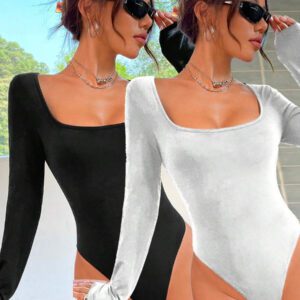 SHEIN EZwear 2pcs Women's Square Neck Long Sleeve Bodysuit Set