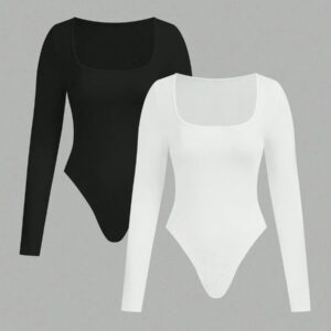 SHEIN EZwear 2pcs Women's Square Neck Long Sleeve Bodysuit Set