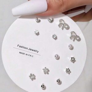 7pairs Fashion Star, Moon, Flower, Leaf, Heart & Pearl Decorated Weekly Earrings Set For Women