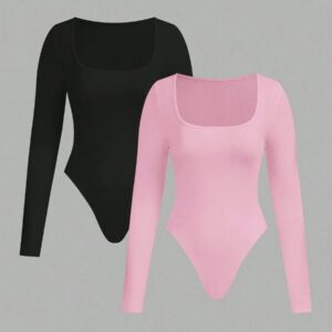 SHEIN EZwear 2pcs Women's Square Neck Long Sleeve Bodysuit Set