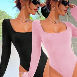 SHEIN EZwear 2pcs Women's Square Neck Long Sleeve Bodysuit Set