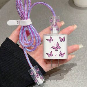 5pcs/Set Purple Flying Design 20W/18W Phone Charger Set, Charging Cable Protector, Charger Head Cover, Compatible With IPhone 11 12 13 14 15 16 Charger Protector