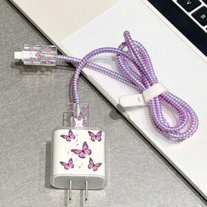 5pcs/Set Purple Flying Design 20W/18W Phone Charger Set, Charging Cable Protector, Charger Head Cover, Compatible With IPhone 11 12 13 14 15 16 Charger Protector