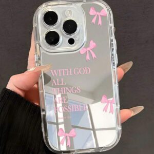 1pc Minimalist Pink Girl Bowknot Religious Slogan Design Airbag Anti-Slip Soft Phone Case Compatible With IPhone11/12/13/14/15/16 Pro Max Waterproof Shockproof Anti-Fall Scratch Resistant