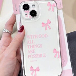 1pc Minimalist Pink Girl Bowknot Religious Slogan Design Airbag Anti-Slip Soft Phone Case Compatible With IPhone11/12/13/14/15/16 Pro Max Waterproof Shockproof Anti-Fall Scratch Resistant