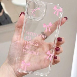 1pc Minimalist Pink Girl Bowknot Religious Slogan Design Airbag Anti-Slip Soft Phone Case Compatible With IPhone11/12/13/14/15/16 Pro Max Waterproof Shockproof Anti-Fall Scratch Resistant