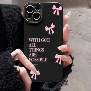 1pc Minimalist Pink Girl Bowknot Religious Slogan Design Airbag Anti-Slip Soft Phone Case Compatible With IPhone11/12/13/14/15/16 Pro Max Waterproof Shockproof Anti-Fall Scratch Resistant