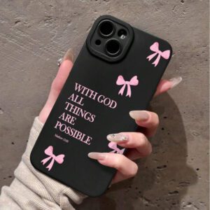 1pc Minimalist Pink Girl Bowknot Religious Slogan Design Airbag Anti-Slip Soft Phone Case Compatible With IPhone11/12/13/14/15/16 Pro Max Waterproof Shockproof Anti-Fall Scratch Resistant