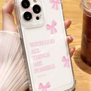 1pc Minimalist Pink Girl Bowknot Religious Slogan Design Airbag Anti-Slip Soft Phone Case Compatible With IPhone11/12/13/14/15/16 Pro Max Waterproof Shockproof Anti-Fall Scratch Resistant
