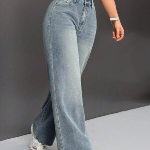 SHEIN ICON Pantalon En Jean À Jambes Larges Rétro Pour Femmes Avec Poches