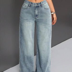SHEIN ICON Pantalon En Jean À Jambes Larges Rétro Pour Femmes Avec Poches