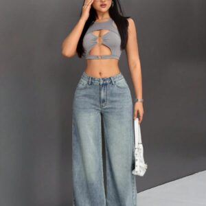 SHEIN ICON Pantalon En Jean À Jambes Larges Rétro Pour Femmes Avec Poches