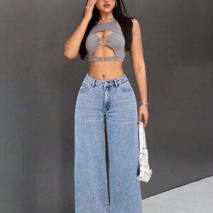 SHEIN ICON Jean à jambe large rétro de couleur unie avec poches
