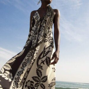 CAJUNI Robe d'été décontractée de plage pour femmes, style vacances tropicales boho, avec imprimé de fleurs et de palmiers, à fines bretelles, avec laçage